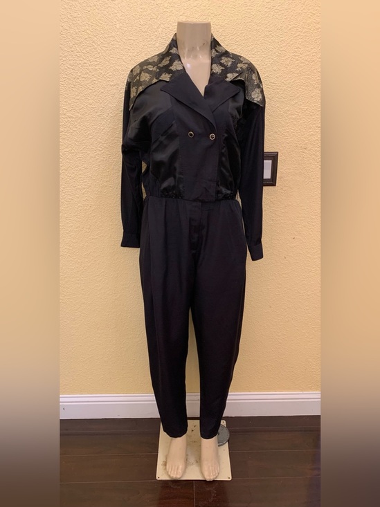 Jon Wesley Pants - VTG Jon Wesley Size 8 Black With Gold Flowers Pattern Long Sleeve Jumpsuit